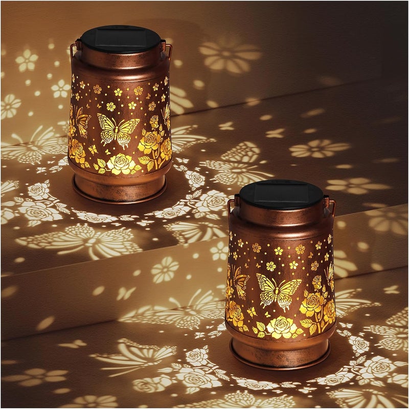 BODEVEDOB 2 Pack Butterfly Solar Lanterns Outdoor Waterproof Rose Garden Decor Gifts for Women Mom Grandma Hanging Solar Lights Metal Lantern Decoration Outside for Yard,Patio,Backyard,Porch - Image 1